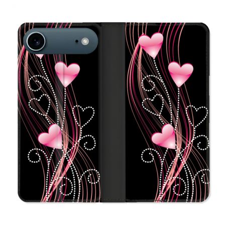 Housse cuir portefeuille Pour Iphone 17 Air Amour Coeur Rose Montant sur Noir