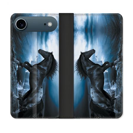 Housse cuir portefeuille Pour Iphone 17 Air Animal Cheval Noir