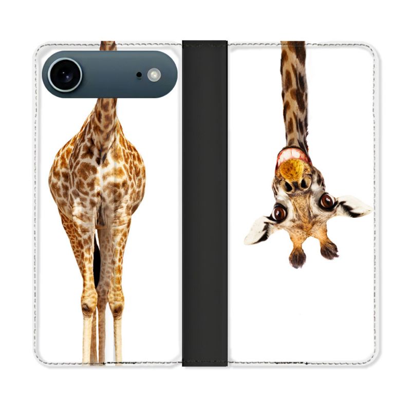 Housse cuir portefeuille Pour Iphone 17 Air Animal Girafe Blanche