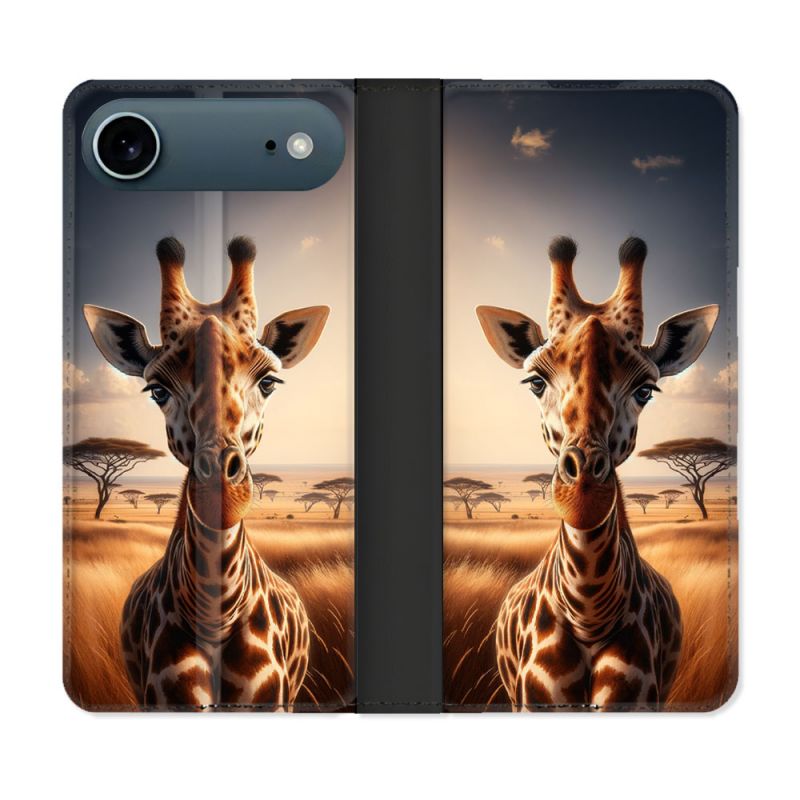 Housse cuir portefeuille Pour Iphone 17 Air Animal Girafe Savane