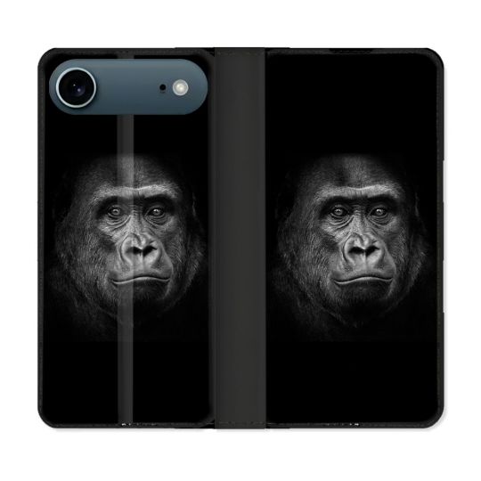 Housse cuir portefeuille Pour Iphone 17 Air Animal Gorille Noir