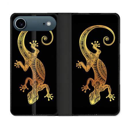 Housse cuir portefeuille Pour Iphone 17 Air Animal Lezard Noir