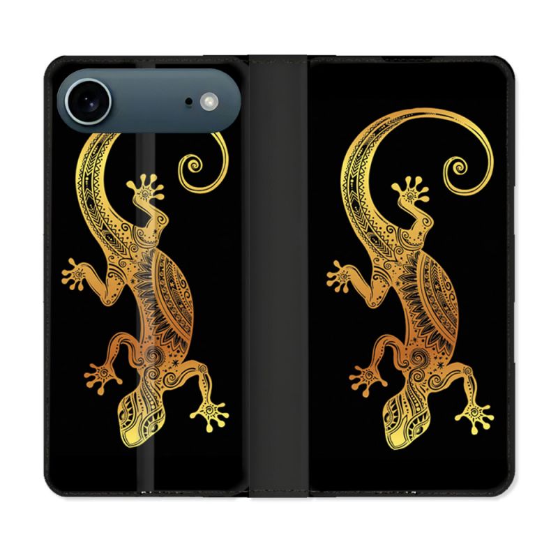 Housse cuir portefeuille Pour Iphone 17 Air Animal Lezard Noir