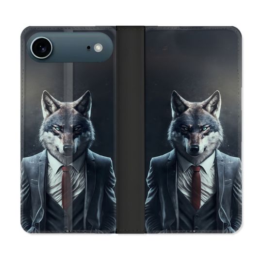 Housse cuir portefeuille Pour Iphone 17 Air Animal Loup Business