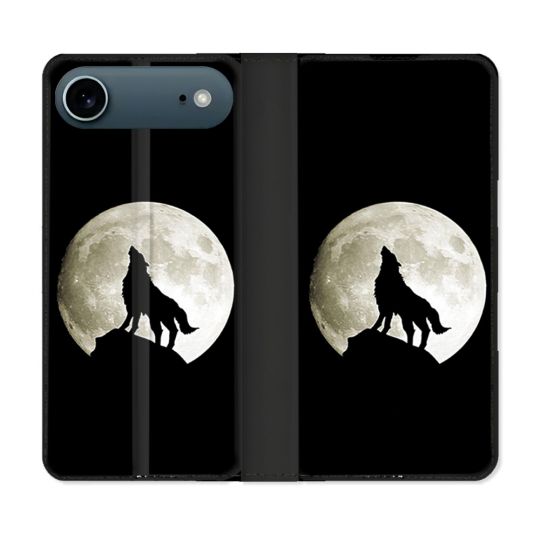 Housse cuir portefeuille Pour Iphone 17 Air Animal Loup Noir