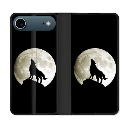 Housse cuir portefeuille Pour Iphone 17 Air Animal Loup Noir