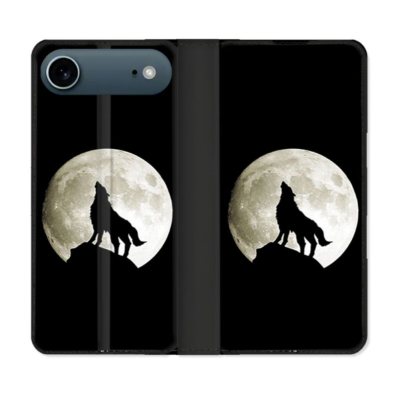 Housse cuir portefeuille Pour Iphone 17 Air Animal Loup Noir