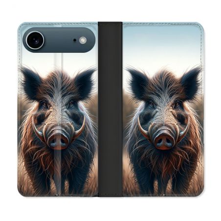 Housse cuir portefeuille Pour Iphone 17 Air Chasse Sanglier Attaque