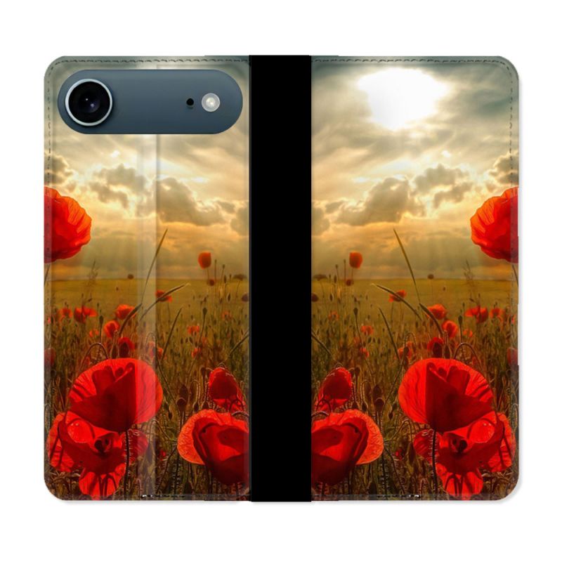 Housse cuir portefeuille Pour Iphone 17 Air Fleur Coquelicot