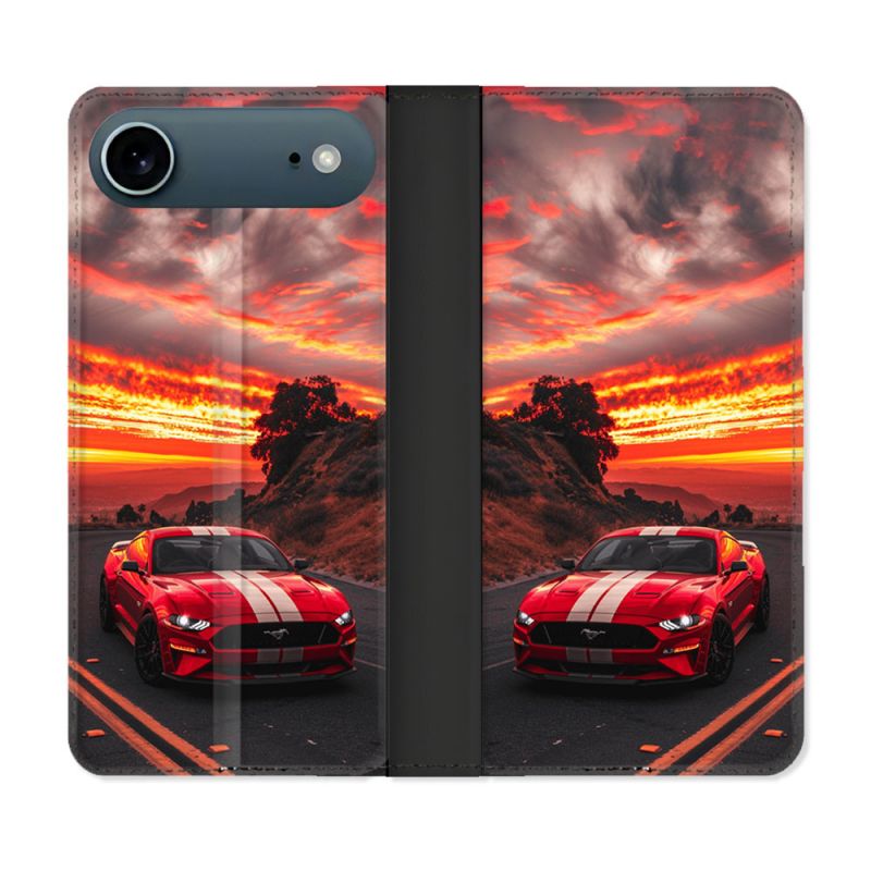 Housse cuir portefeuille Pour Iphone 17 Air Ford Mustang GT500 Rouge