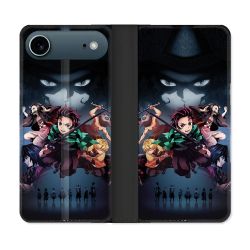 Housse cuir portefeuille Pour Iphone 17 Air Manga Demon Slayer Noir