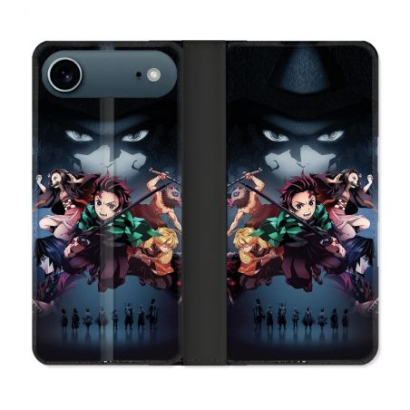 Housse cuir portefeuille Pour Iphone 17 Air Manga Demon Slayer Noir