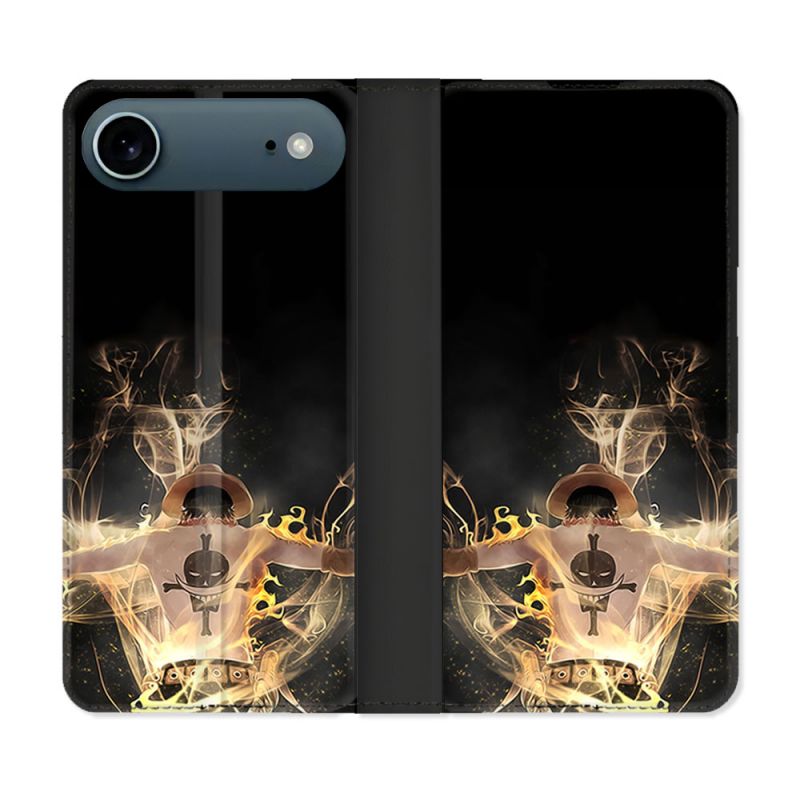 Housse cuir portefeuille Pour Iphone 17 Air Manga One Piece Ace Noir