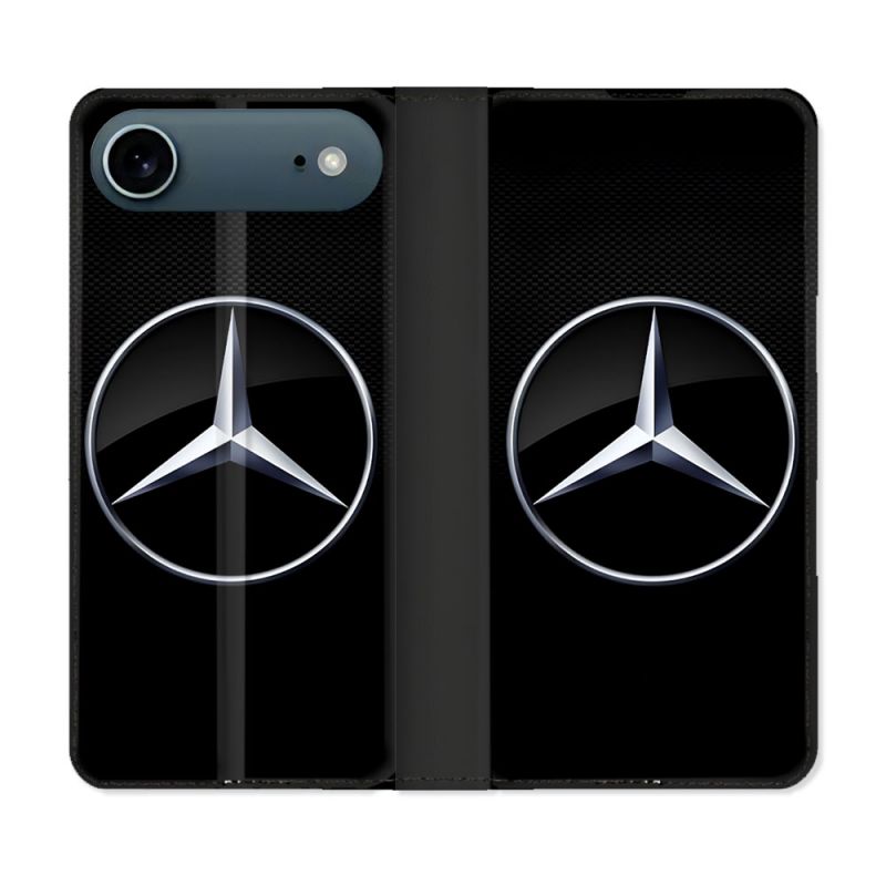 Housse cuir portefeuille Pour Iphone 17 Air Mercedes Carbone