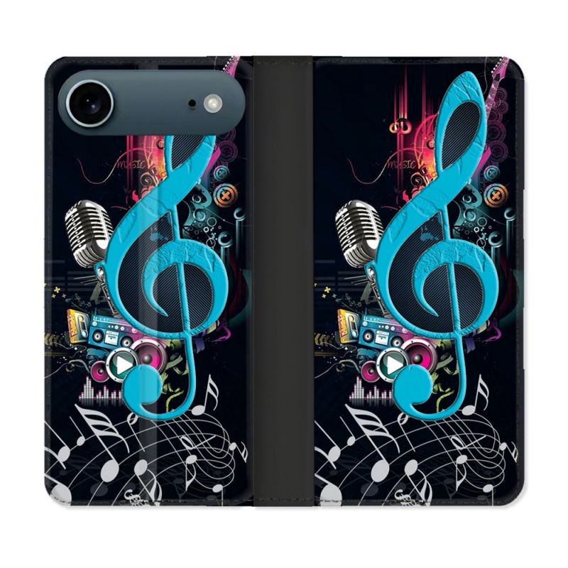 Housse cuir portefeuille Pour Iphone 17 Air Musique Cle Sol Bleu