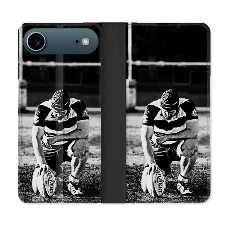 Housse cuir portefeuille Pour Iphone 17 Air Sport Rugby Noir Blanc
