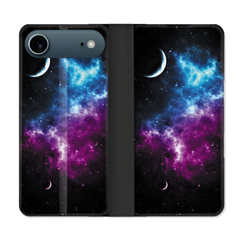 Housse cuir portefeuille Pour Iphone 17 Air Univers Bleu Violet