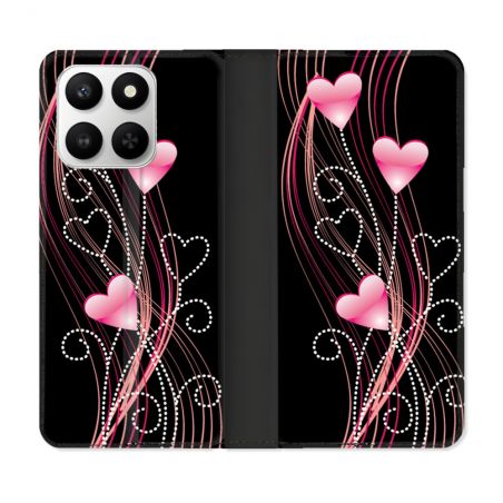 Housse cuir portefeuille Pour Honor 400 smart 5G Amour Coeur Rose Montant sur Noir