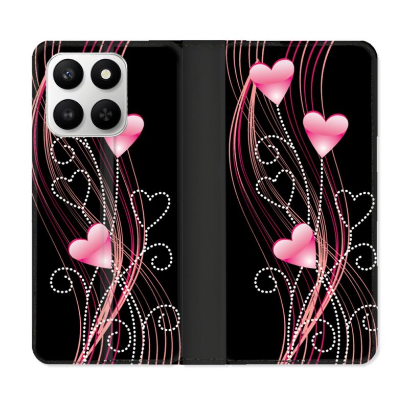 Housse cuir portefeuille Pour Honor 400 smart 5G Amour Coeur Rose Montant sur Noir