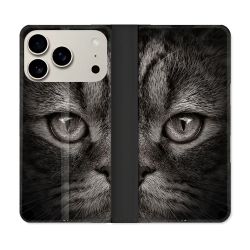Housse cuir portefeuille Pour Iphone 17 Pro Animal Chat Gris