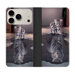 Housse cuir portefeuille Pour Iphone 17 Pro Animal Chat Reflet