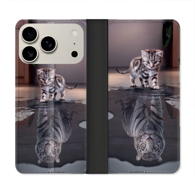 Housse cuir portefeuille Pour Iphone 17 Pro Animal Chat Reflet