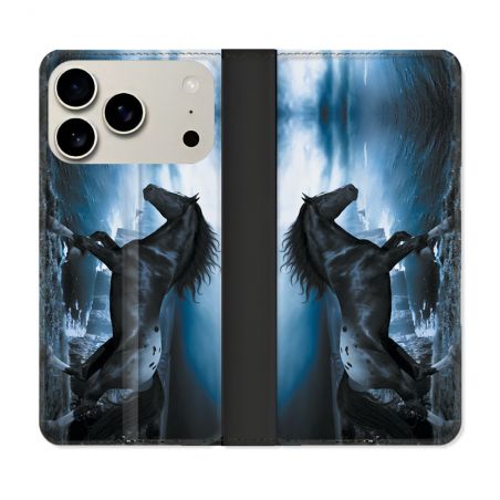 Housse cuir portefeuille Pour Iphone 17 Pro Animal Cheval Noir