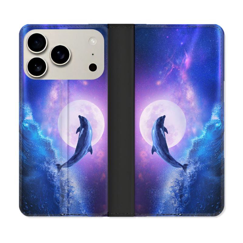Housse cuir portefeuille Pour Iphone 17 Pro Animal Dauphin Vague