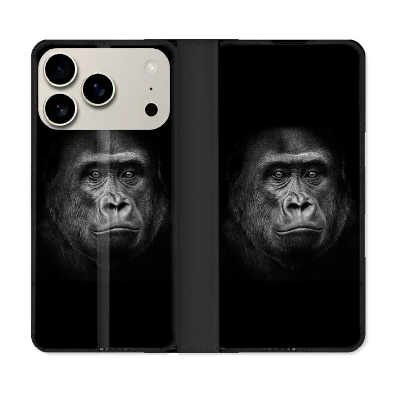 Housse cuir portefeuille Pour Iphone 17 Pro Animal Gorille Noir