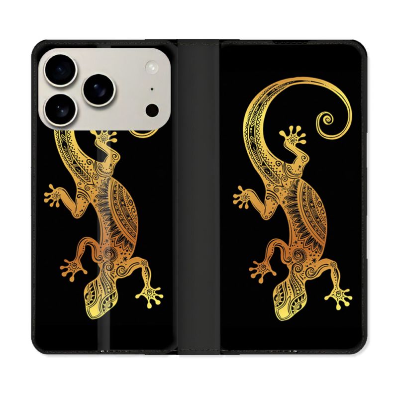 Housse cuir portefeuille Pour Iphone 17 Pro Animal Lezard Noir