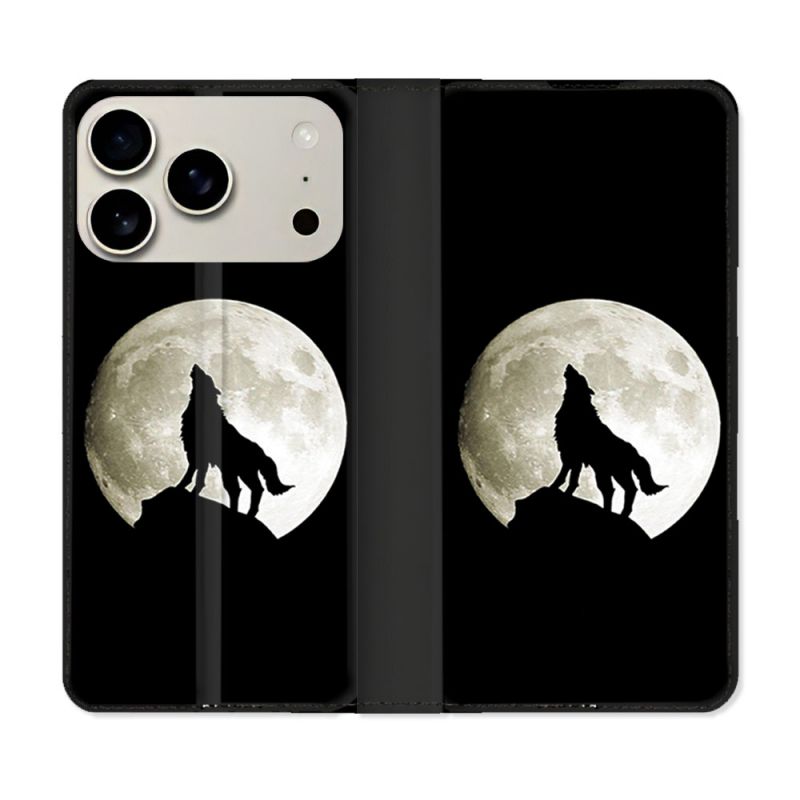 Housse cuir portefeuille Pour Iphone 17 Pro Animal Loup Noir