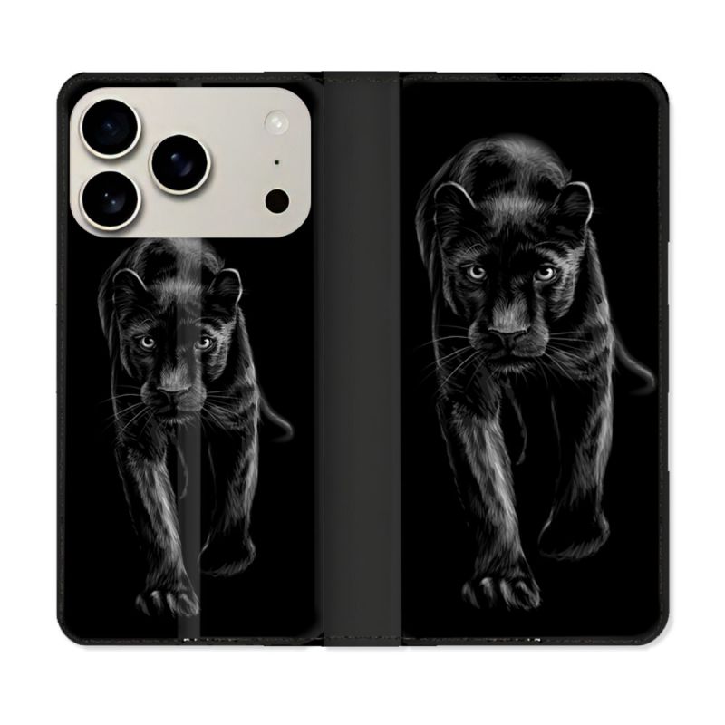 Housse cuir portefeuille Pour Iphone 17 Pro Animal Panthère Noire