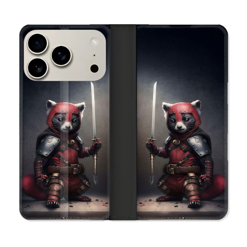 Housse cuir portefeuille Pour Iphone 17 Pro Animal Raton Samouraï