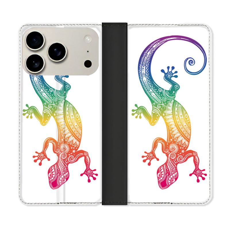 Housse cuir portefeuille Pour Iphone 17 Pro Animal Salamandre Color