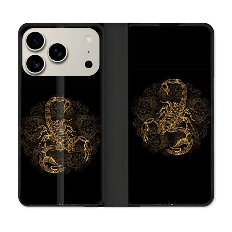 Housse cuir portefeuille Pour Iphone 17 Pro Animal Scorpion Fresque