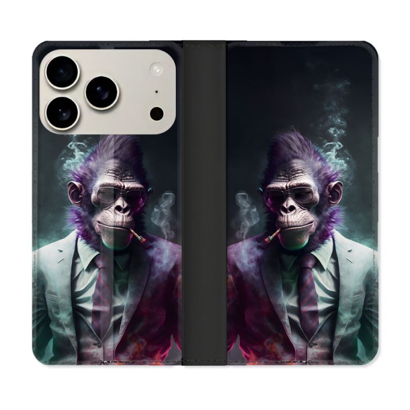Housse cuir portefeuille Pour Iphone 17 Pro Animal Singe Business