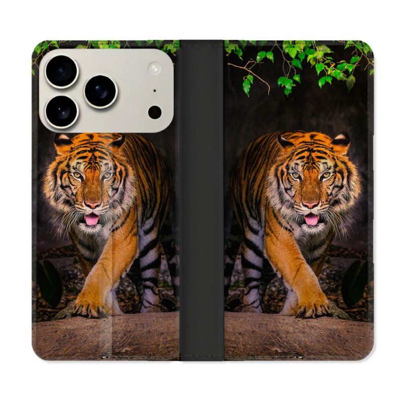 Housse cuir portefeuille Pour Iphone 17 Pro Animal Tigre Jungle