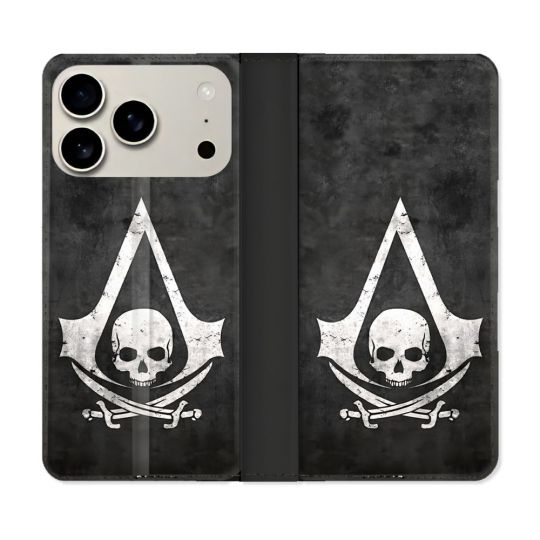 Housse cuir portefeuille Pour Iphone 17 Pro Assassin Creed Tete Mort
