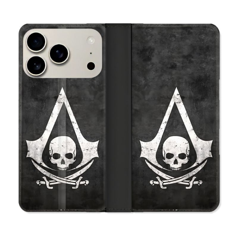 Housse cuir portefeuille Pour Iphone 17 Pro Assassin Creed Tete Mort