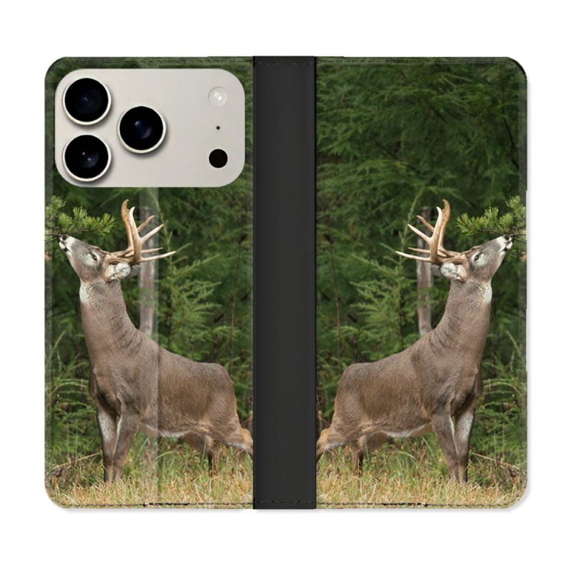 Housse cuir portefeuille Pour Iphone 17 Pro Chasse Cerf