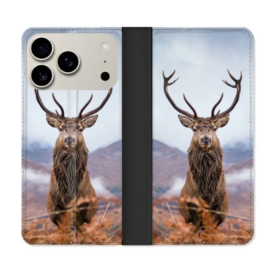 Housse cuir portefeuille Pour Iphone 17 Pro Chasse Chevreuil Montagne