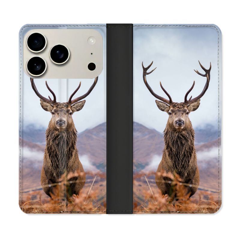 Housse cuir portefeuille Pour Iphone 17 Pro Chasse Chevreuil Montagne
