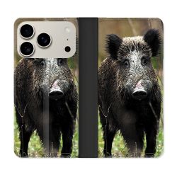 Housse cuir portefeuille Pour Iphone 17 Pro Chasse Sanglier bois