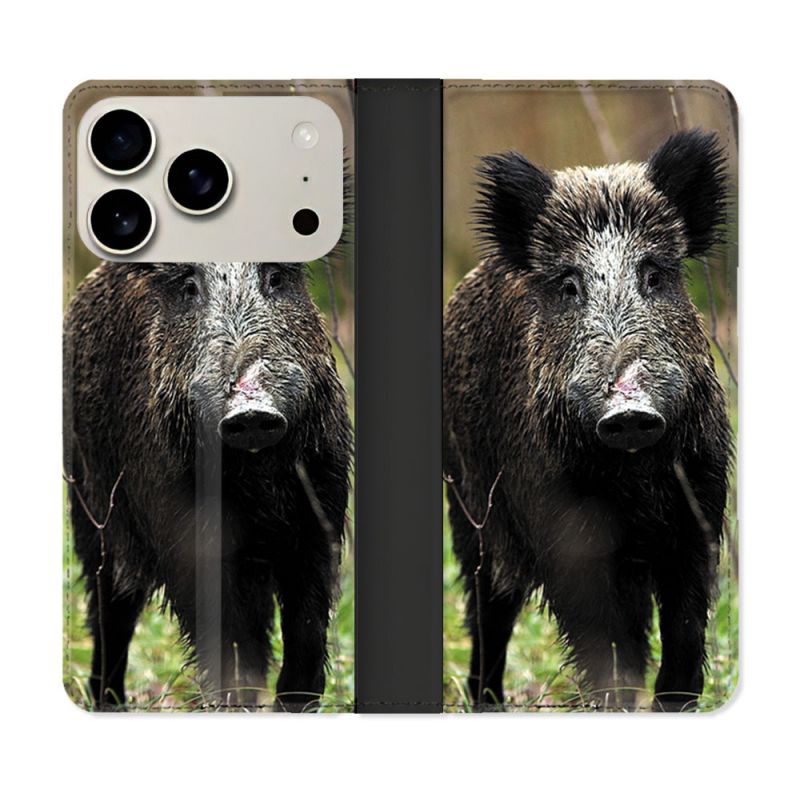 Housse cuir portefeuille Pour Iphone 17 Pro Chasse Sanglier bois