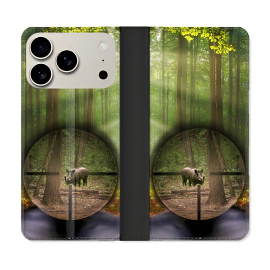 Housse cuir portefeuille Pour Iphone 17 Pro Chasse Sanglier Viseur