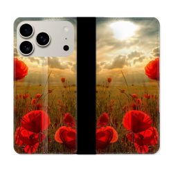 Housse cuir portefeuille Pour Iphone 17 Pro Fleur Coquelicot