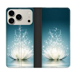 Housse cuir portefeuille Pour Iphone 17 Pro Fleur Lotus Blanc