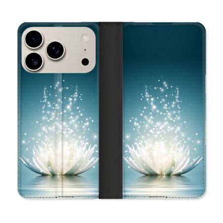 Housse cuir portefeuille Pour Iphone 17 Pro Fleur Lotus Blanc