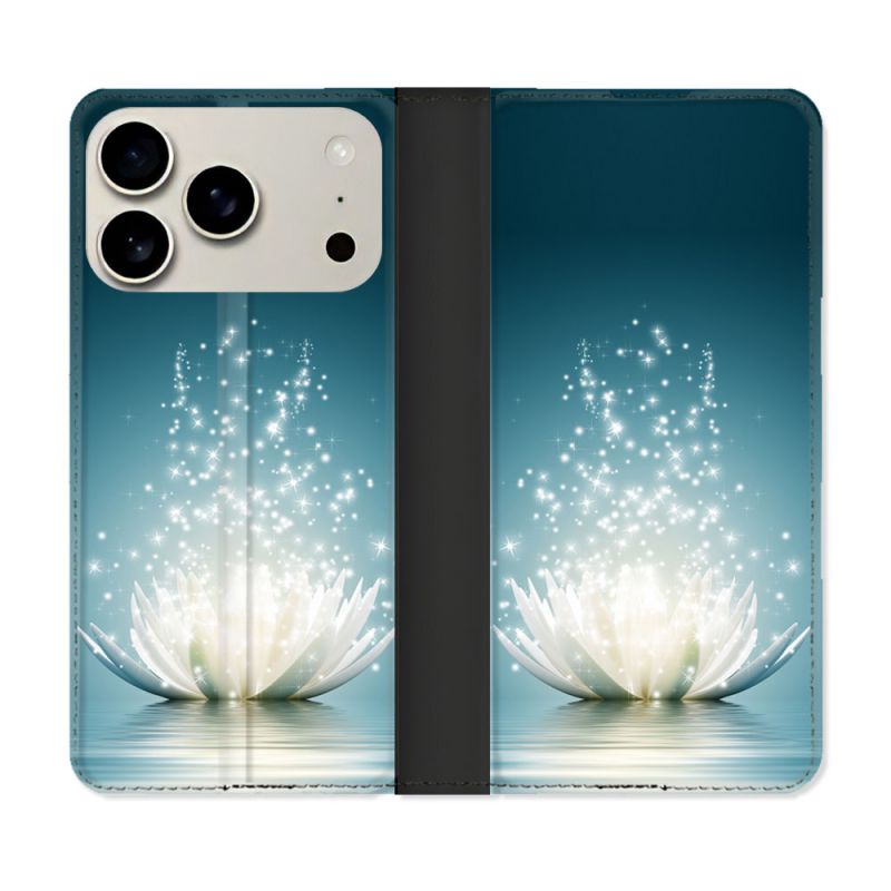Housse cuir portefeuille Pour Iphone 17 Pro Fleur Lotus Blanc