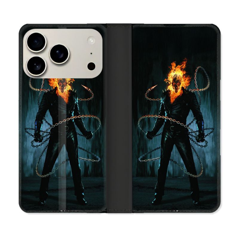 Housse cuir portefeuille Pour Iphone 17 Pro Ghost Rider
